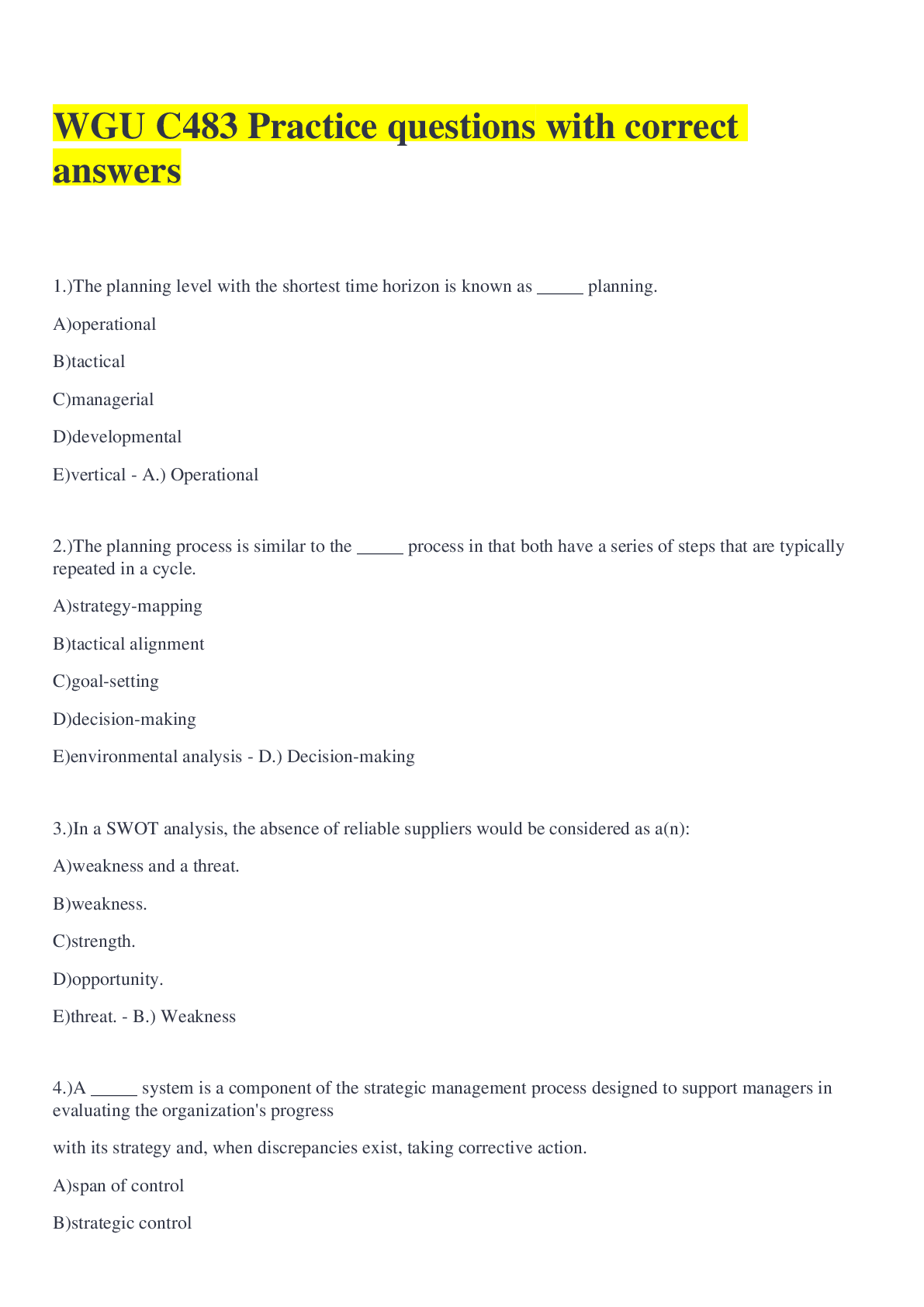 Preview image for WGU C483 Practice questions with correct answers